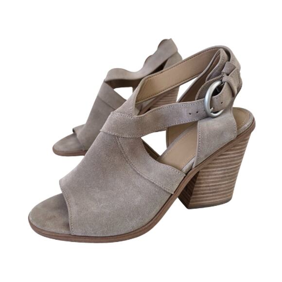 Marc Fisher MLVega Suede Block Heel Sandals Womens Size 9.5M Taupe Leather Upper - Picture 1 of 14
